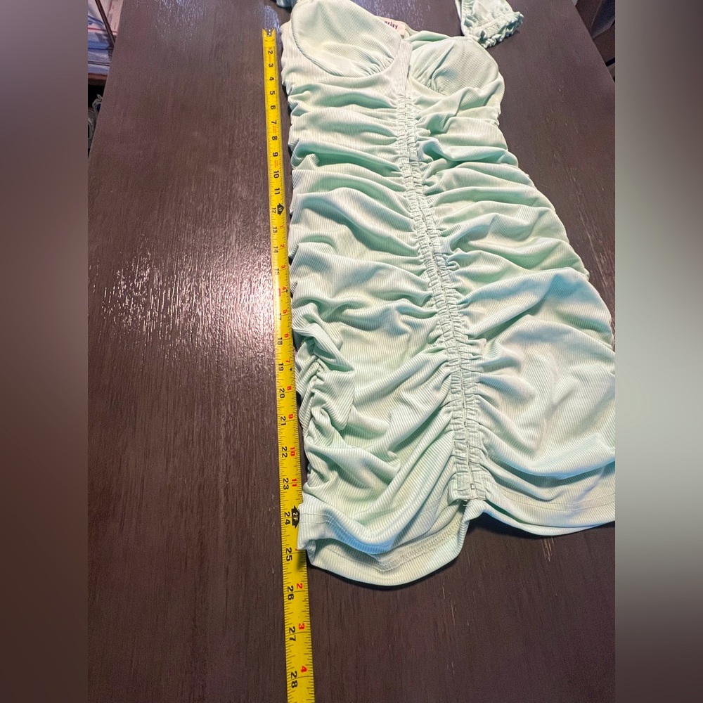 Mint Green Ruched Dress with Puff Sleeves